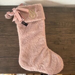 New VICTORIA'S SECRET Faux Fur Blush Pink Christmas Stocking Gold VS Bow Accents
